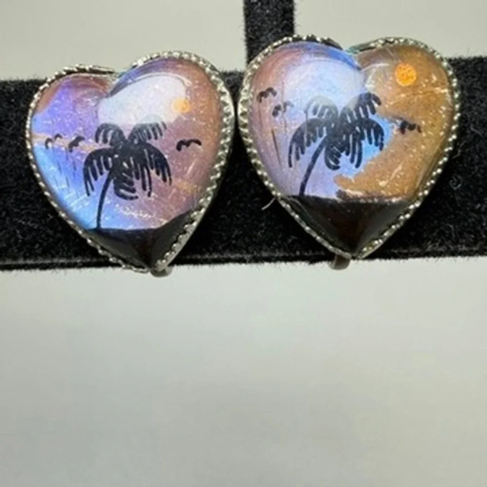Vintage Sterling Silver Morpho Butterfly Wing Heart Screw Back Earring Palm Tree